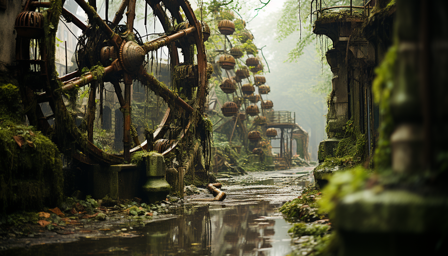 Abandoned amusement park reclaimed by nature, with overgrown roller coasters, a rusting Ferris wheel, and a hauntingly beautiful atmosphere.