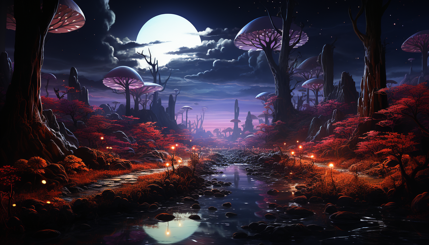 An alien landscape lit by the glow of bioluminescent flora.
