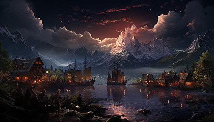 A mystical Viking village during the Northern Lights, with longboats, timber houses, and warriors gathered around a roaring bonfire.