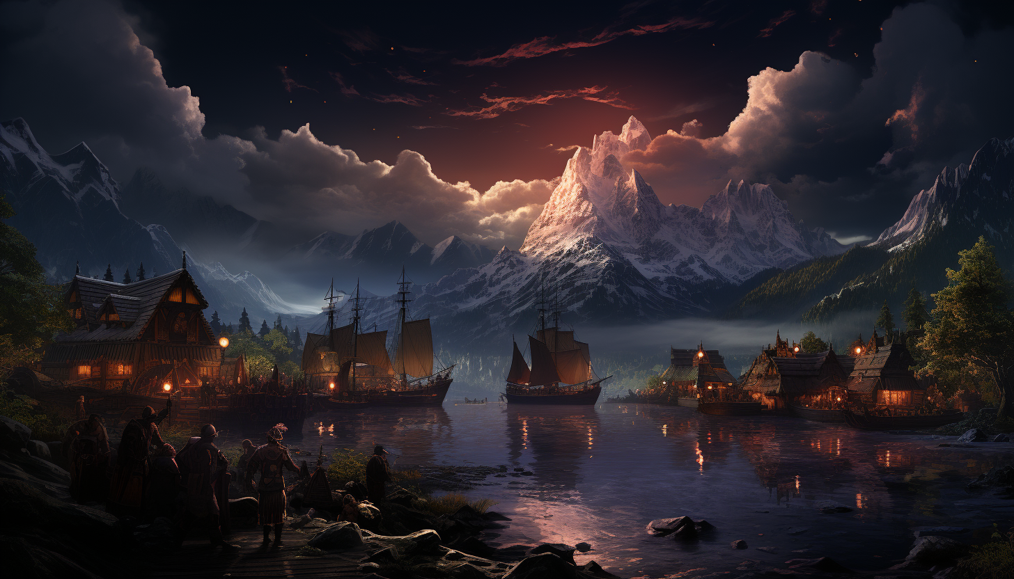 A mystical Viking village during the Northern Lights, with longboats, timber houses, and warriors gathered around a roaring bonfire.