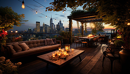 Rooftop garden in a modern city, with a variety of plants, comfortable seating, twinkling fairy lights, and skyscrapers in the background.