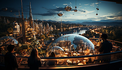 High-tech robotics lab, showcasing advanced androids, holographic displays, engineers at work, and a futuristic cityscape visible through large windows.