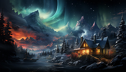 Tranquil alpine cabin in winter, surrounded by snow-covered pine trees, smoke rising from the chimney, and northern lights in the sky.