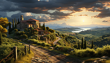 Lush vineyard landscape in Tuscany, rolling hills, rows of grapevines, a rustic farmhouse, and a setting sun casting golden hues.