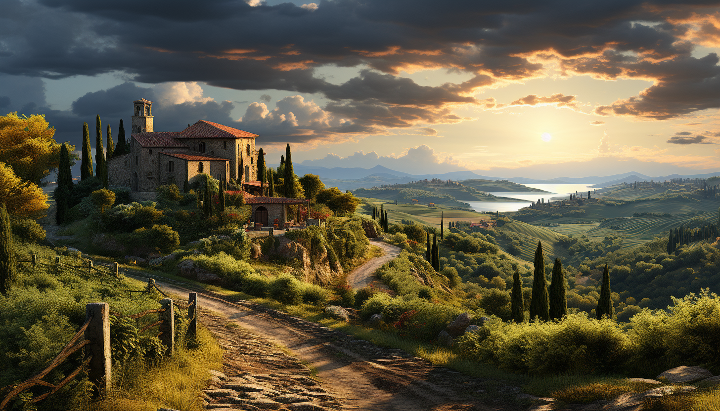 Lush vineyard landscape in Tuscany, rolling hills, rows of grapevines, a rustic farmhouse, and a setting sun casting golden hues.