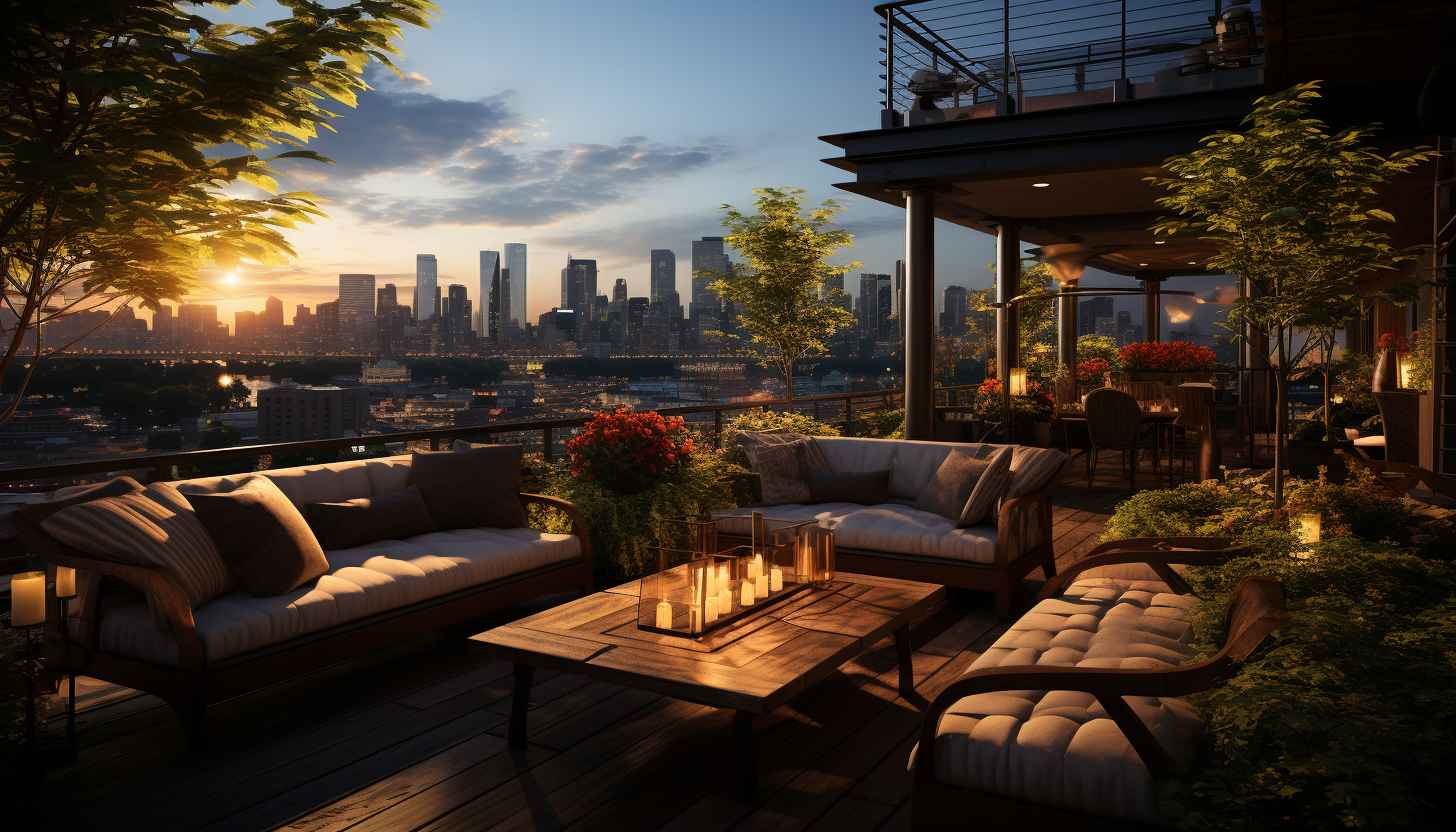 Rooftop garden in a modern city, with a variety of plants, comfortable seating areas, string lights, and a panoramic skyline view.