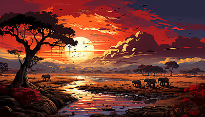 Sunset over an African savanna, with silhouettes of elephants and acacia trees, a vibrant sky, and distant mountains.