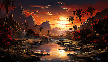 Desert oasis at sunset, with palm trees, a tranquil pond, camels resting, and the silhouettes of distant dunes against a fiery sky.