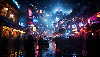 Cyberpunk alley in a neon-lit city, with holographic signs, futuristic street vendors, and a diverse crowd of cyber-enhanced citizens.