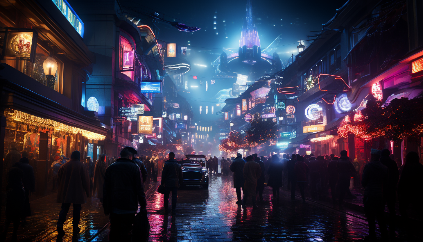 Cyberpunk alley in a neon-lit city, with holographic signs, futuristic street vendors, and a diverse crowd of cyber-enhanced citizens.