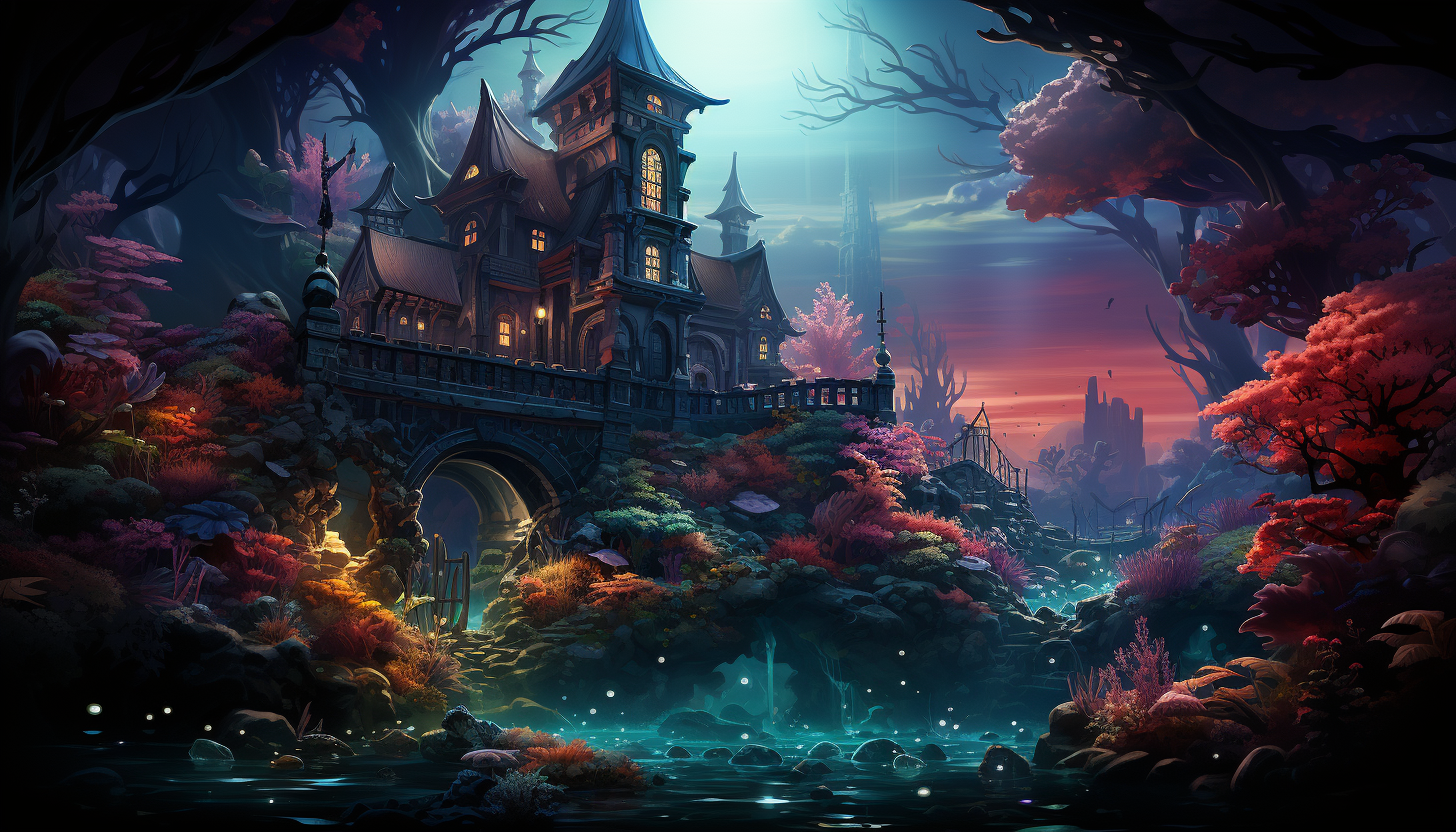 Undersea adventure with a sunken pirate ship, colorful coral gardens, schools of tropical fish, and a treasure chest emitting a mysterious glow.