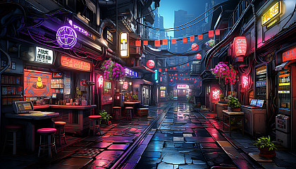 Cyberpunk alleyway bustling with activity, neon signs in multiple languages, diverse characters, and high-tech gadgets on display.