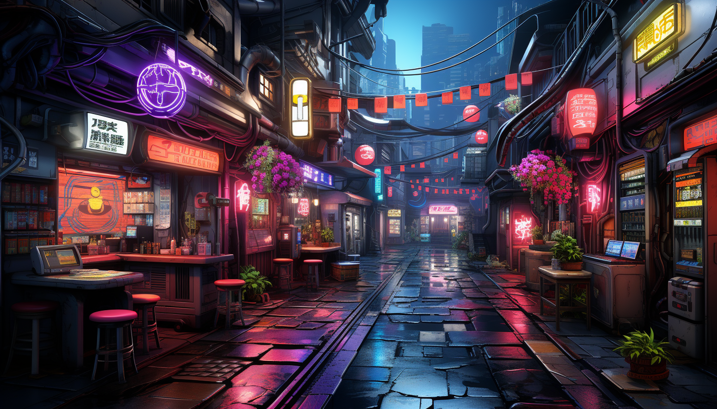 Cyberpunk alleyway bustling with activity, neon signs in multiple languages, diverse characters, and high-tech gadgets on display.