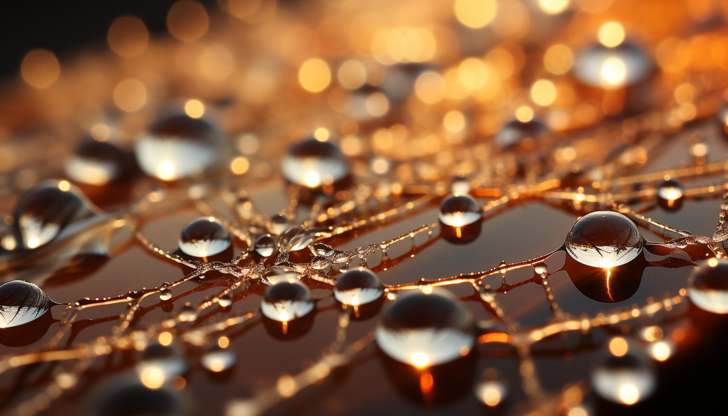 Close-up of dew drops on a spider's web, reflecting the morning light.