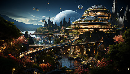 A futuristic botanical garden in a space colony, with exotic alien plants, floating walkways, and a transparent dome showing the cosmos.