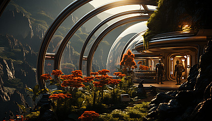 Futuristic greenhouse on Mars, with advanced agriculture technology, a variety of alien plants, and astronauts tending to the crops.