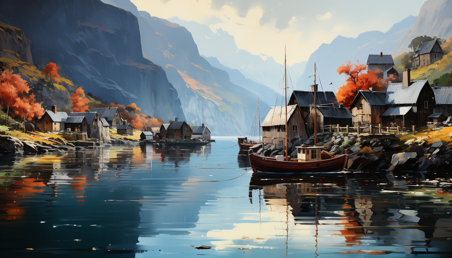 A tranquil Scandinavian fjord in early morning, small fishing boats, colorful wooden houses, and towering cliffs reflected in the still water.