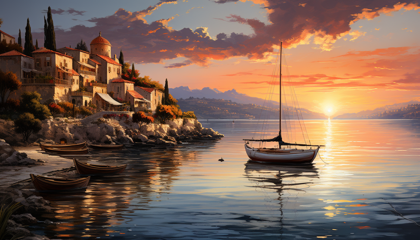 Mediterranean coastal village at sunset, white-washed buildings, terracotta roofs, sailboats in the harbor, and flowering vines.