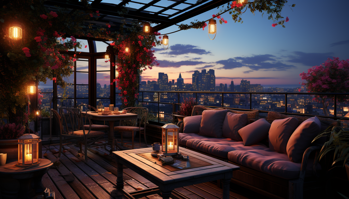 Rooftop garden in a modern city at dusk, with twinkling fairy lights, a variety of plants, comfortable seating, and a skyline view.