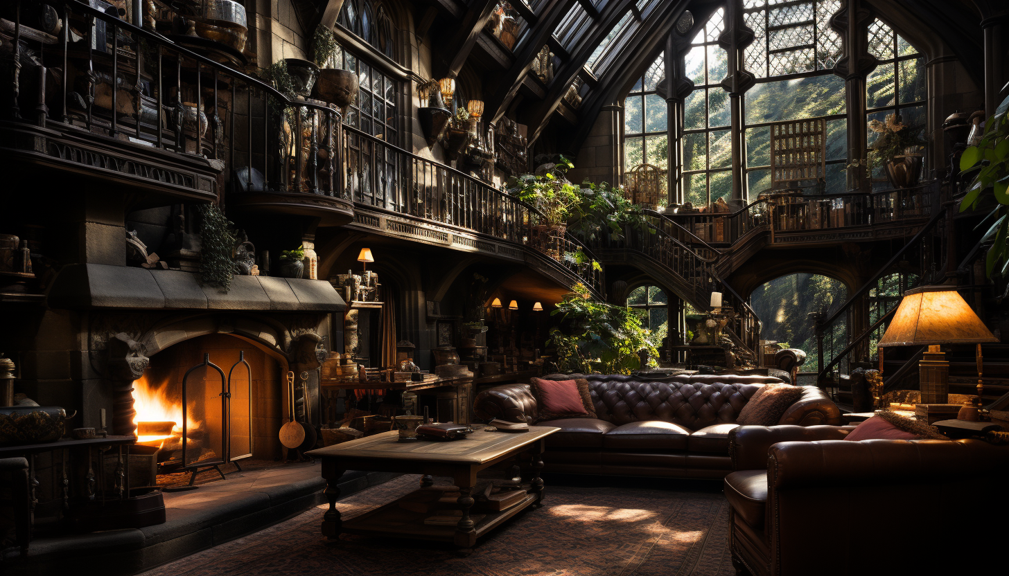 Grand library in a medieval castle, towering bookshelves, ancient tomes, stained glass windows, and a large fireplace.