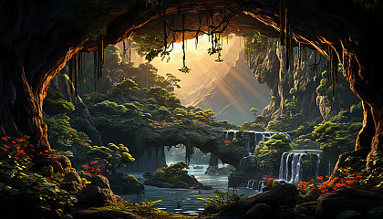 Lush rainforest canopy view with exotic birds, hanging vines, a distant waterfall, and rays of sunlight piercing through the foliage.
