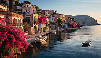 Mediterranean coastal village at sunset, white-washed houses, terracotta roofs, sailboats in the harbor, and blooming bougainvillea.