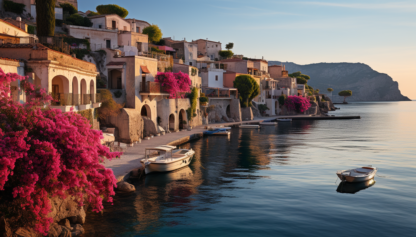 Mediterranean coastal village at sunset, white-washed houses, terracotta roofs, sailboats in the harbor, and blooming bougainvillea.