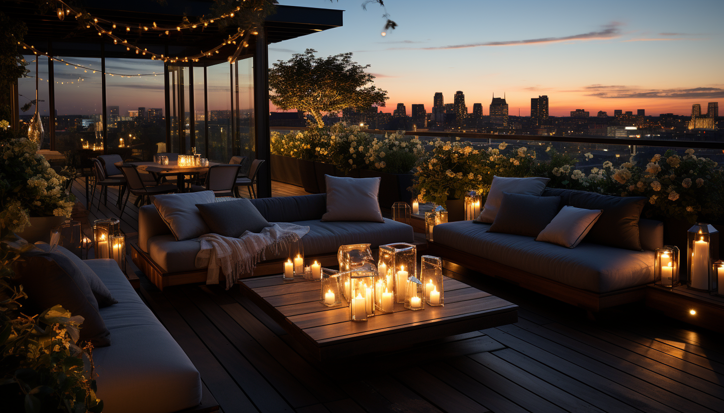 Modern rooftop garden at sunset, with a luxurious lounge area, panoramic city skyline views, and twinkling string lights.