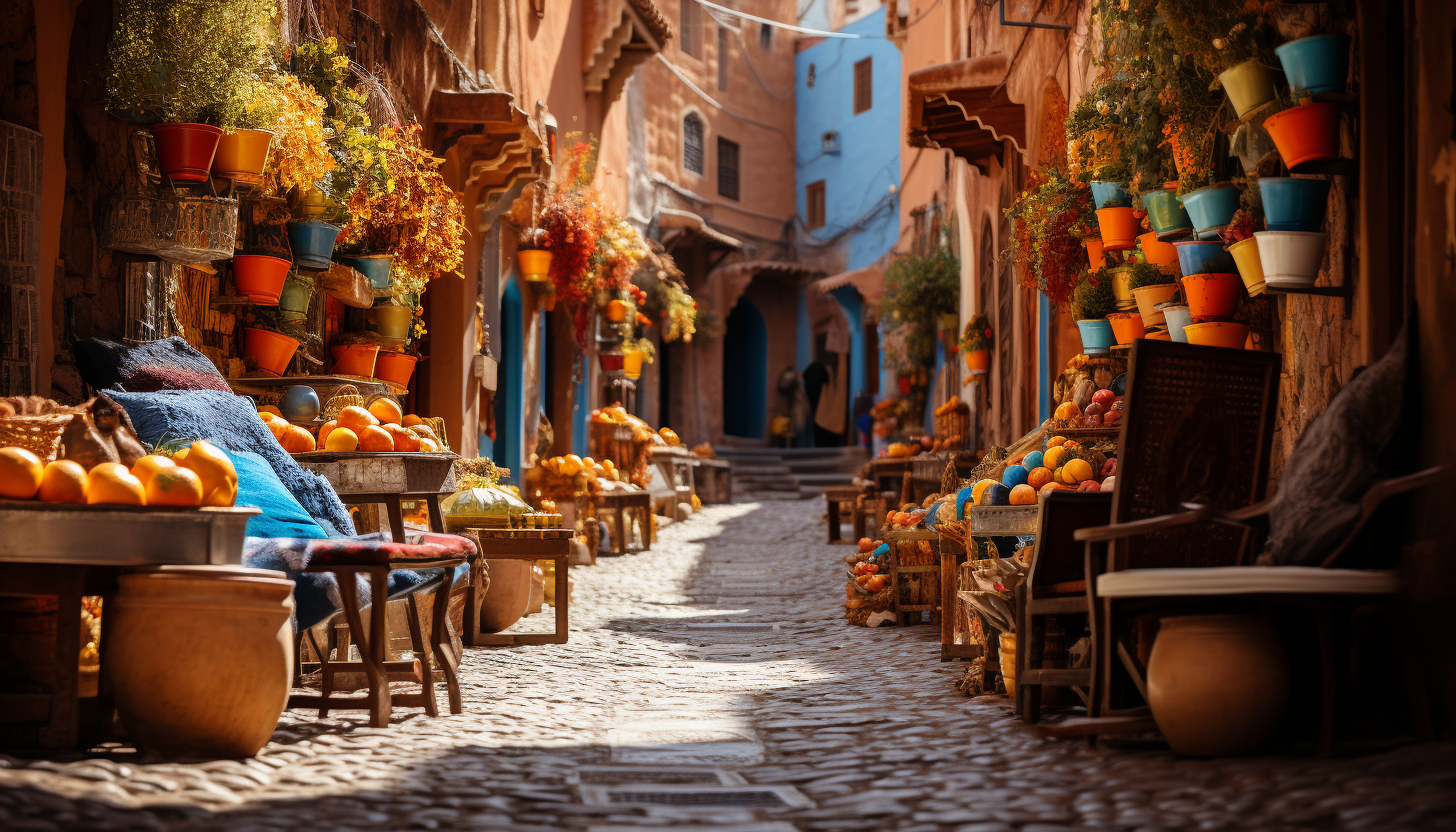 Traditional Moroccan bazaar, vibrant with spices, handmade textiles, lanterns, and bustling crowds in a maze of narrow alleys.