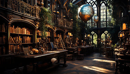Ancient library filled with towering bookshelves, antique globes, secret passages, and a large stained-glass window casting colorful light.