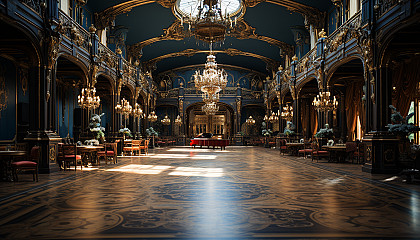 Lavish Renaissance ballroom, with opulent chandeliers, elegantly dressed dancers, and intricate tapestries adorning the walls.