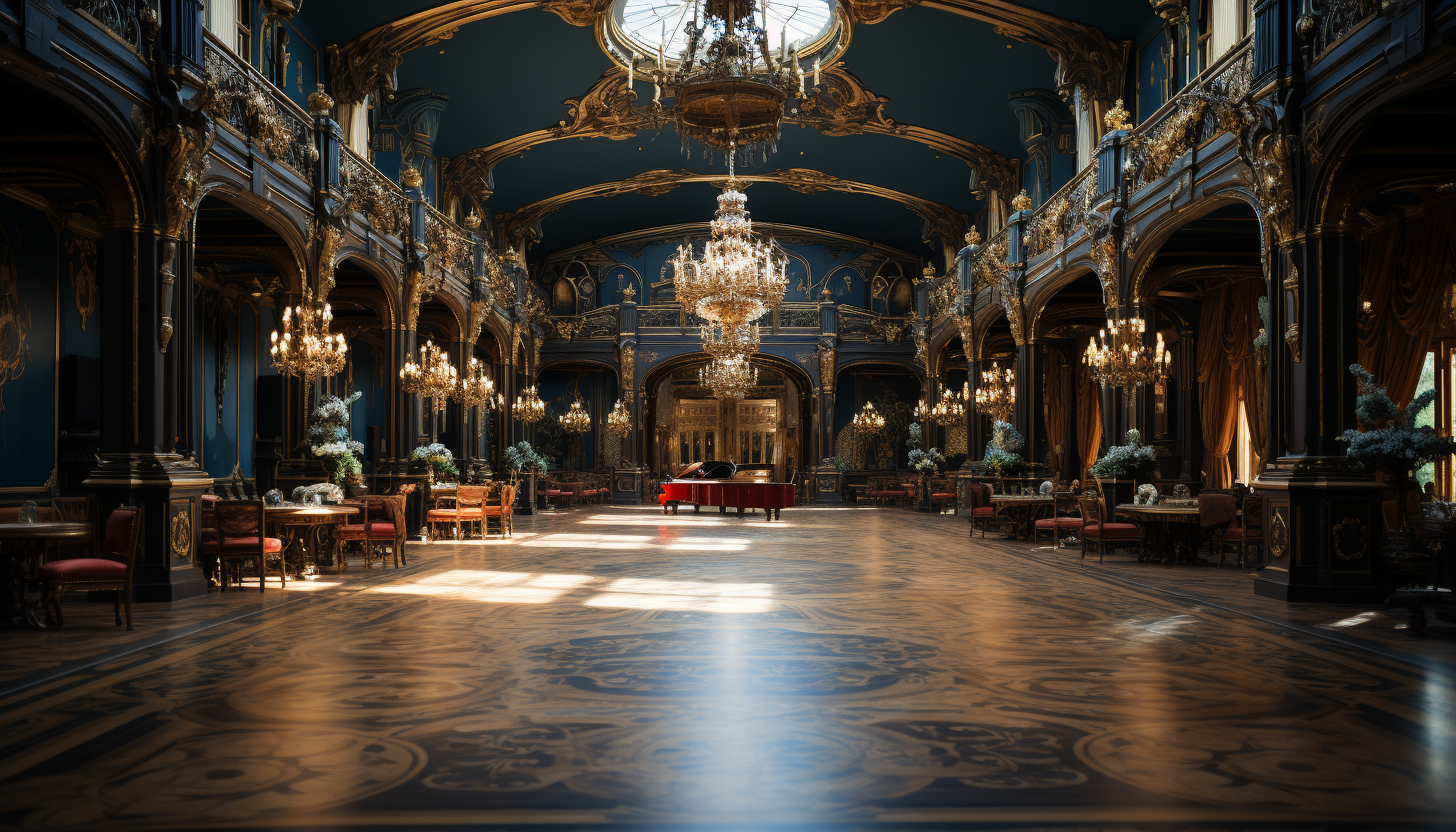 Lavish Renaissance ballroom, with opulent chandeliers, elegantly dressed dancers, and intricate tapestries adorning the walls.