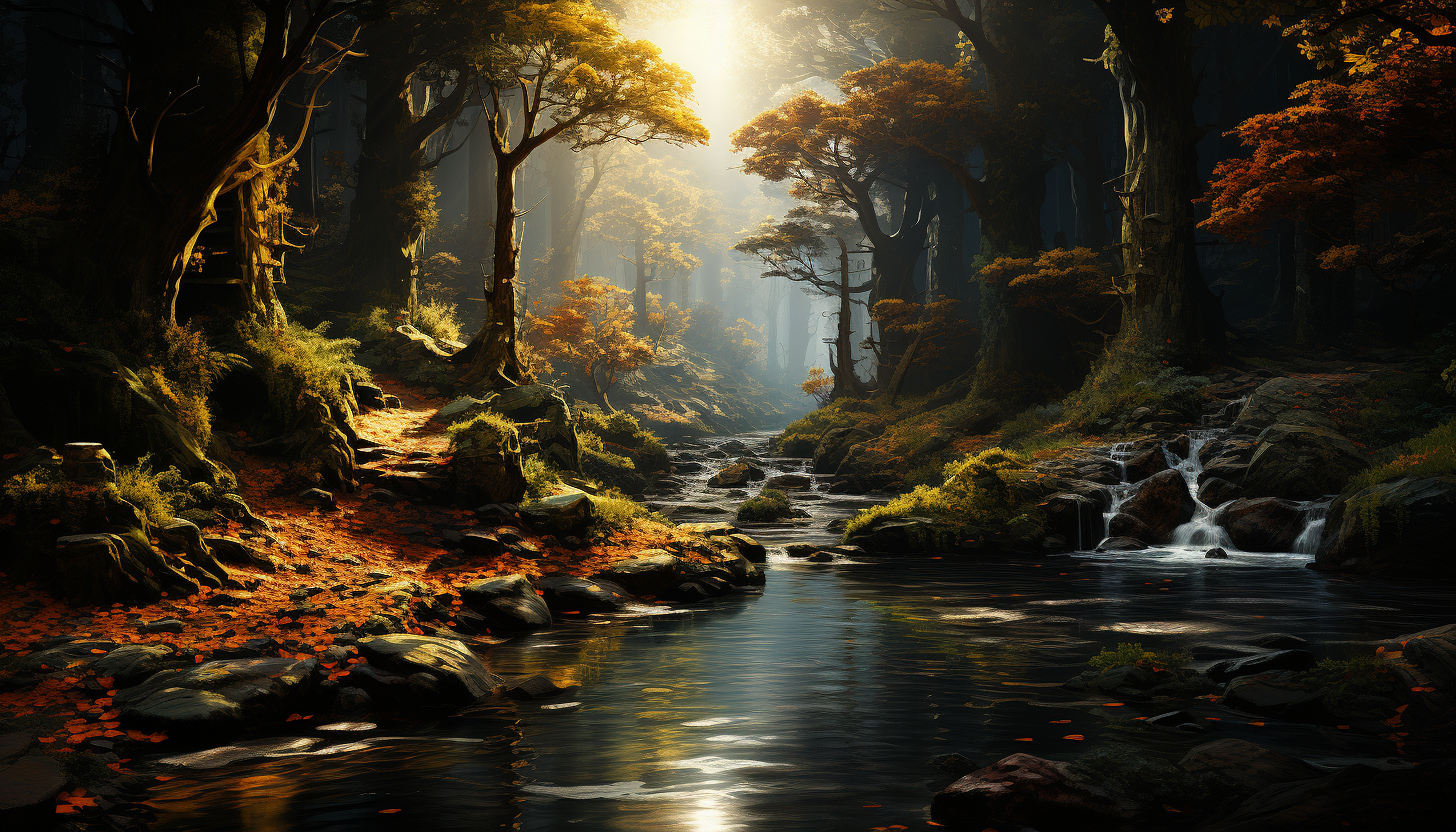 Mystical Celtic forest in autumn, with ancient ruins, fog, a winding stream, and deer grazing in the clearing.