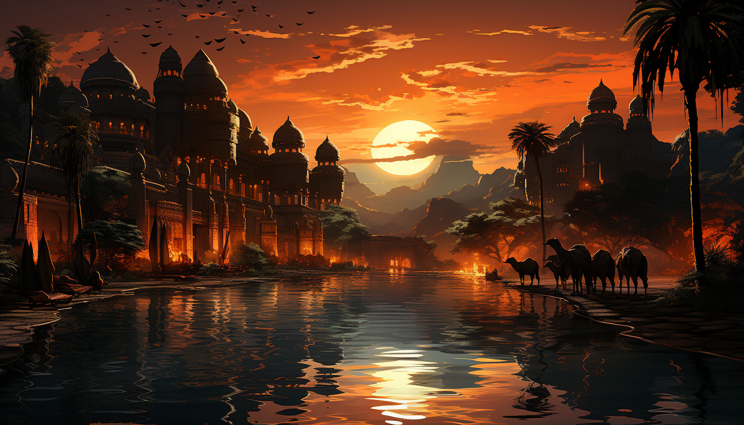 Desert oasis at sunset, with palm trees, a tranquil pool, camels resting, and ancient ruins silhouetted against a fiery sky.