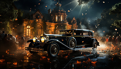 Luxurious 1920s Gatsby-style party, with elegantly dressed guests, vintage cars, a grand mansion, and fireworks in the night sky.