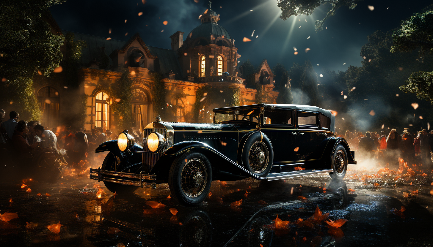 Luxurious 1920s Gatsby-style party, with elegantly dressed guests, vintage cars, a grand mansion, and fireworks in the night sky.