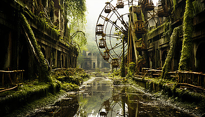 Abandoned amusement park reclaimed by nature, with overgrown roller coasters, a rusting Ferris wheel, and a hauntingly beautiful atmosphere.