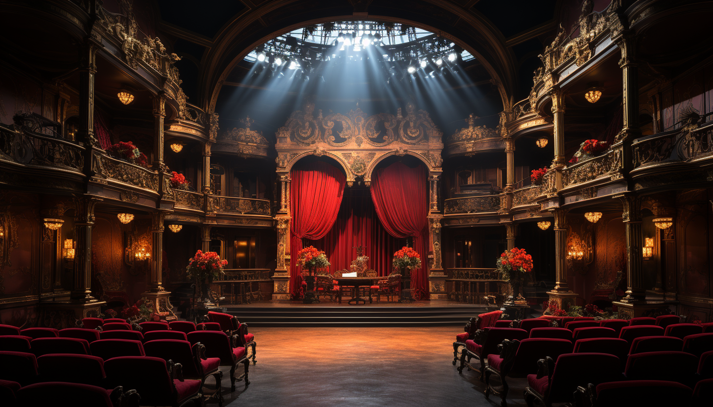 Grand opera house interior during a performance, with opulent red velvet curtains, golden balconies, and an audience in period attire.