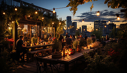 Modern rooftop garden in a bustling city, with skyscrapers, urban farming plots, string lights, and groups of friends enjoying a summer evening.