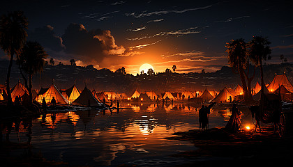Desert oasis at night, featuring a star-filled sky, a tranquil pond, nomadic tents, and camels resting nearby.