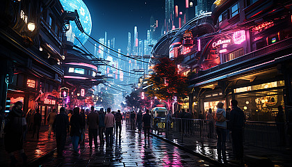 Cyberpunk alley in a neon-lit city, with holographic signs, futuristic street vendors, and a diverse crowd of cyber-enhanced citizens.