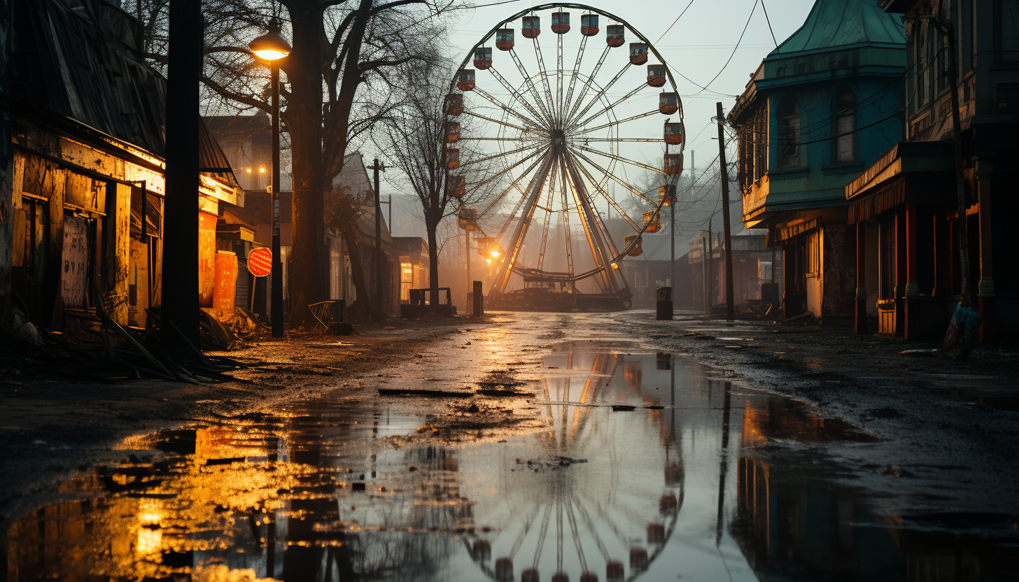 Abandoned amusement park at dusk, with a rusting Ferris wheel, overgrown paths, eerie, colorful lights, and a sense of mysterious past stories.