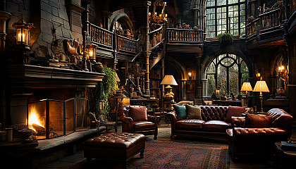 Grand library in a medieval castle, towering bookshelves, ancient tomes, stained glass windows, and a large fireplace.