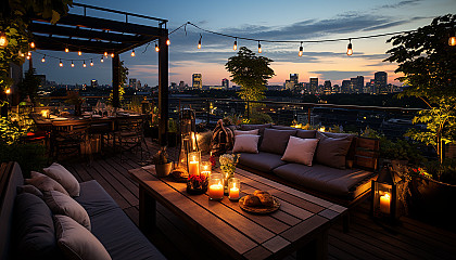 Modern urban rooftop garden, with lush greenery, comfortable lounge areas, panoramic city skyline, and string lights at dusk.