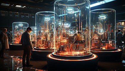 High-tech laboratory interior, with holographic displays, scientists in lab coats, advanced equipment, and a futuristic robot assistant.