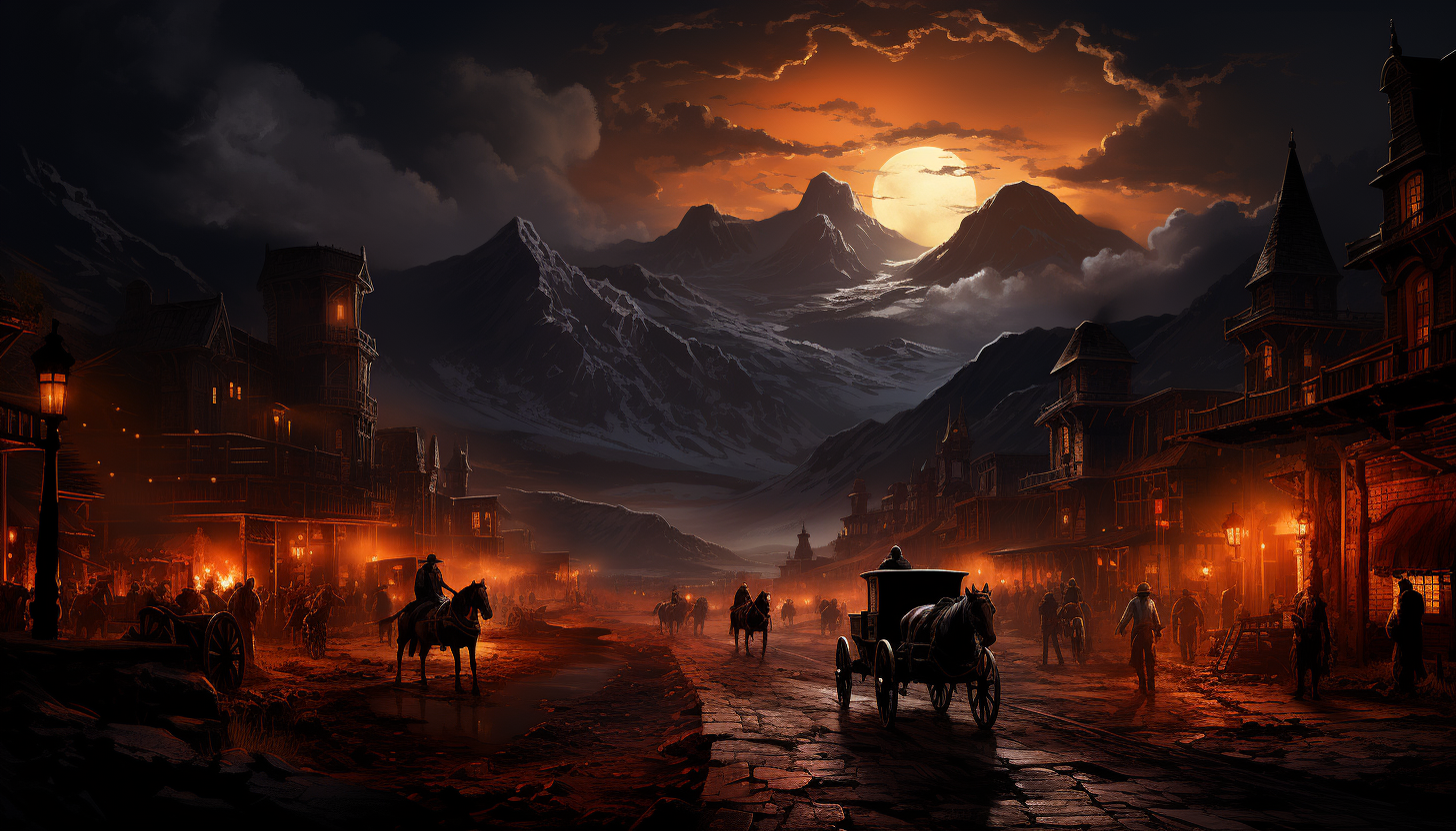 Old Western town in the dusk, with a saloon, horse-drawn carriages, dusty roads, and cowboys gathering around a fire.