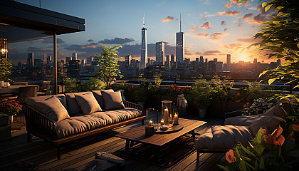 Modern city rooftop garden, with a variety of plants, comfortable seating, city skyline view, and soft ambient lighting.