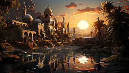 Desert oasis at sunset, with palm trees, a tranquil pond, camels resting, and ancient ruins in the background.