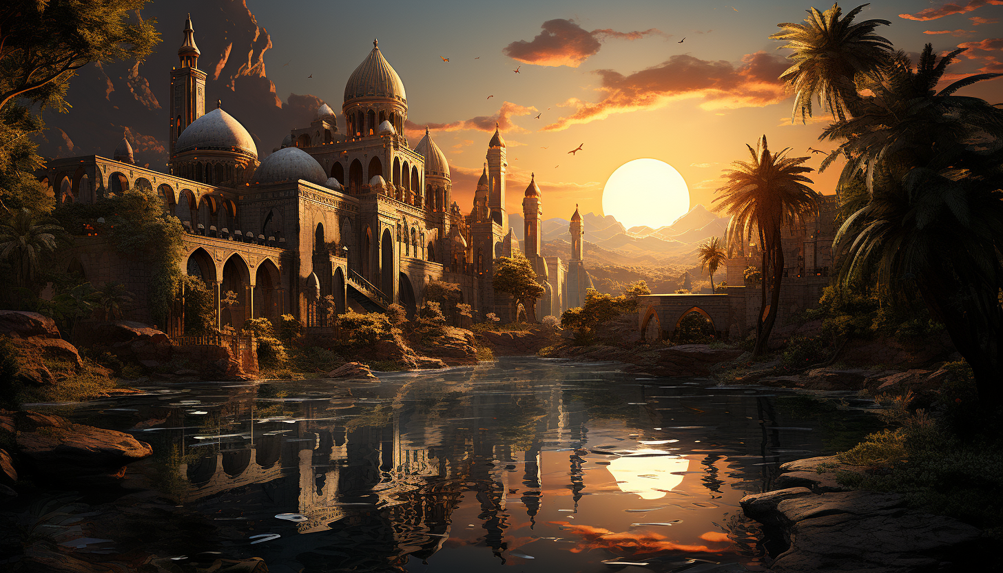 Desert oasis at sunset, with palm trees, a tranquil pond, camels resting, and ancient ruins in the background.