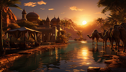 Desert oasis at sunset, with palm trees, a tranquil pool, nomadic tents, camels resting, and the golden sun setting behind sand dunes.